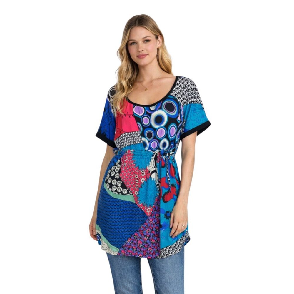 Matty M Multicolor Patchwork Tunic Top Boho Batwing Sleeve Elastic Waist Large